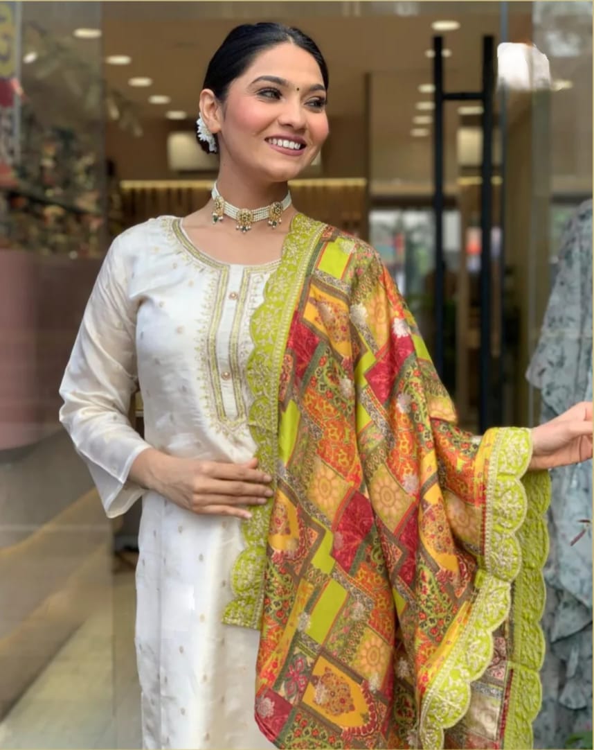 Kalaai Designer Off White Chanderi Printed Kurti With Bottom Dupatta Wholesale Online
